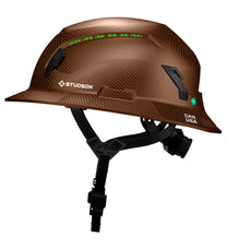A brown hard hat with a carbon fiber pattern, featuring black chin straps, a green LED light bar, and white 'STUDSON' branding on a clean white background.