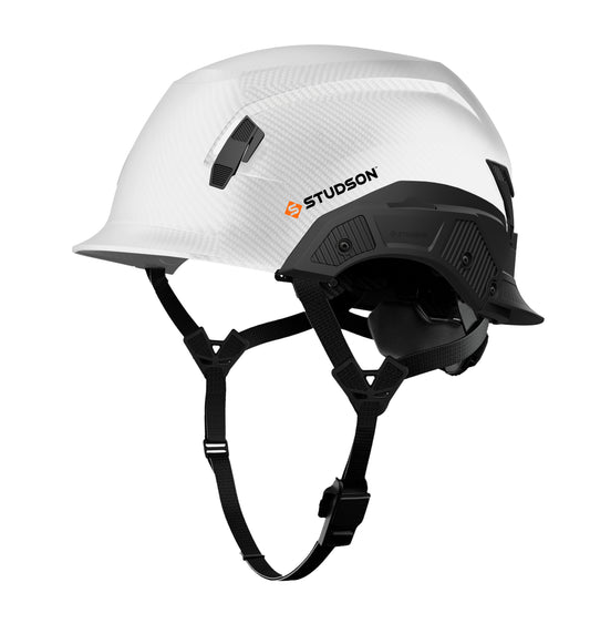 White Carbon SHK-1 Standard Brim Non-Vented Safety Helmet showing front quarter view