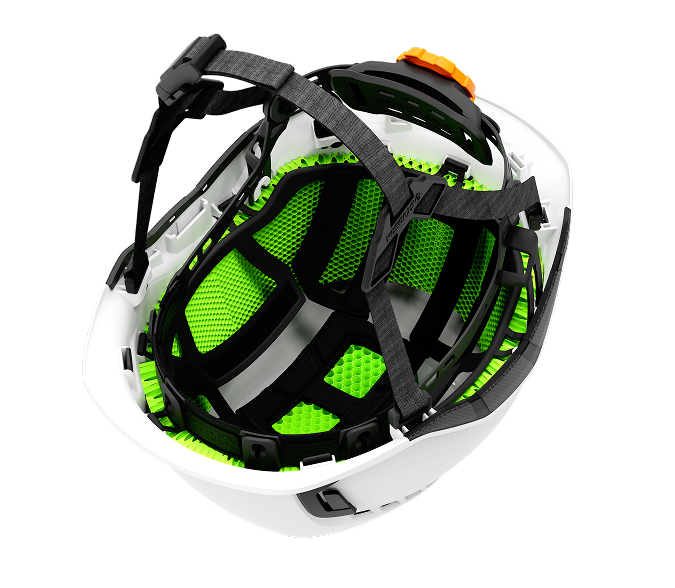 a white helmet with black straps