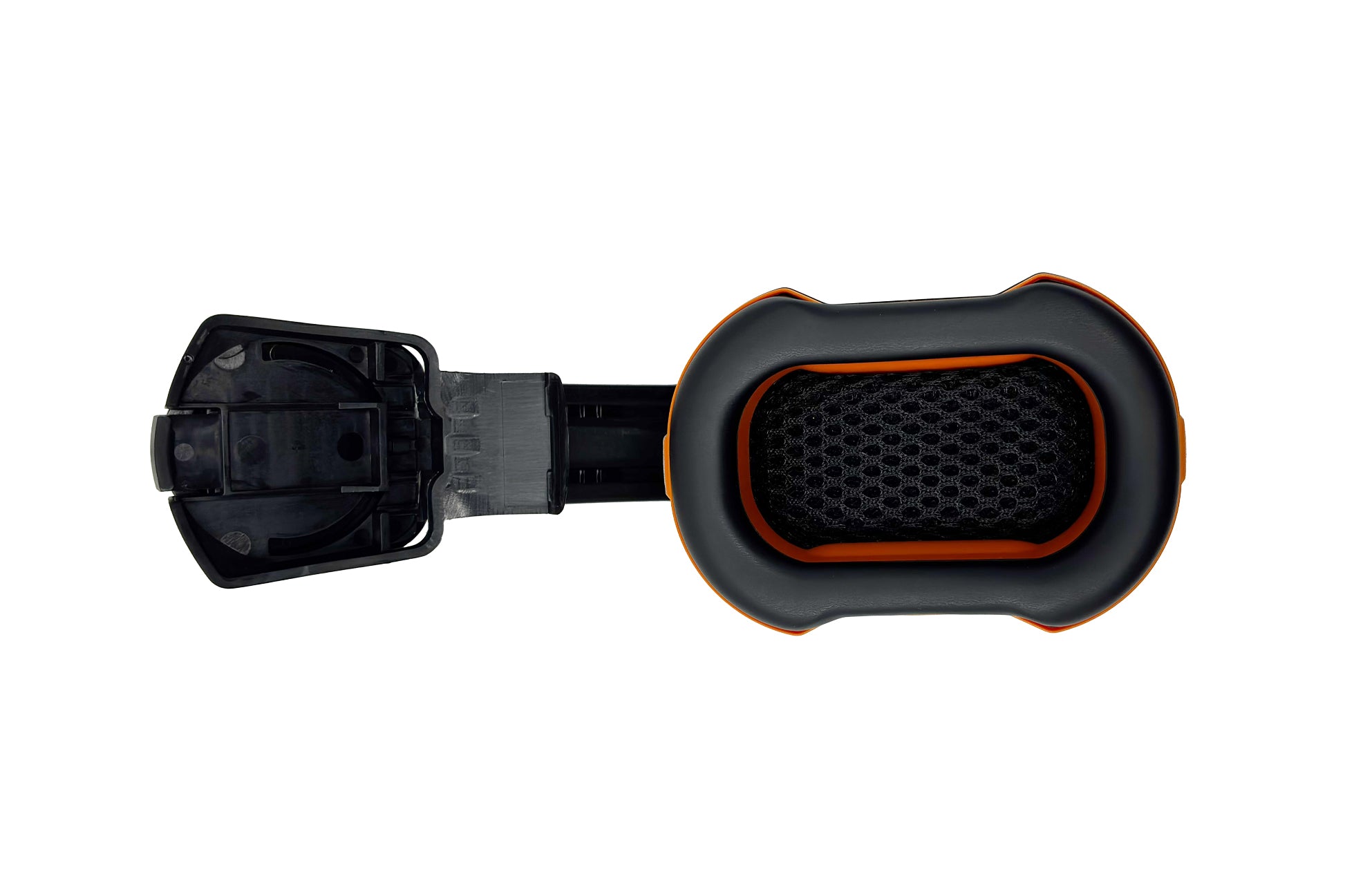 STUDSON ED-3B ear defender interior view showing foam mesh acoustic cushion, orange seal ring, and universal 30mm blade mount attachment