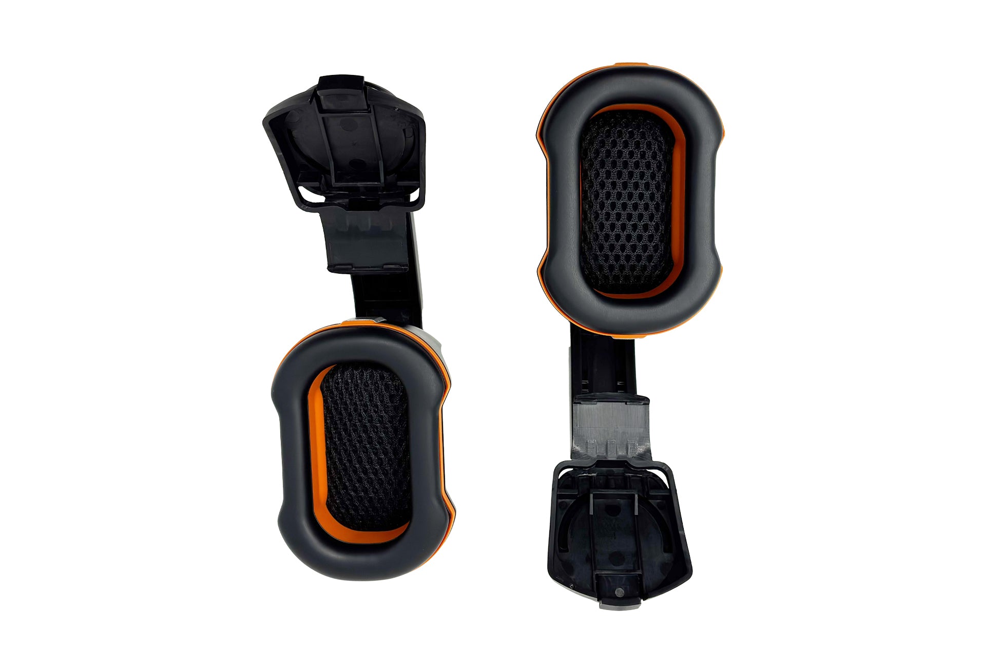 STUDSON ED-3B ear defender ear cups showing interior foam cushion, mesh acoustic lining, and orange seal ring with blade mount attachment