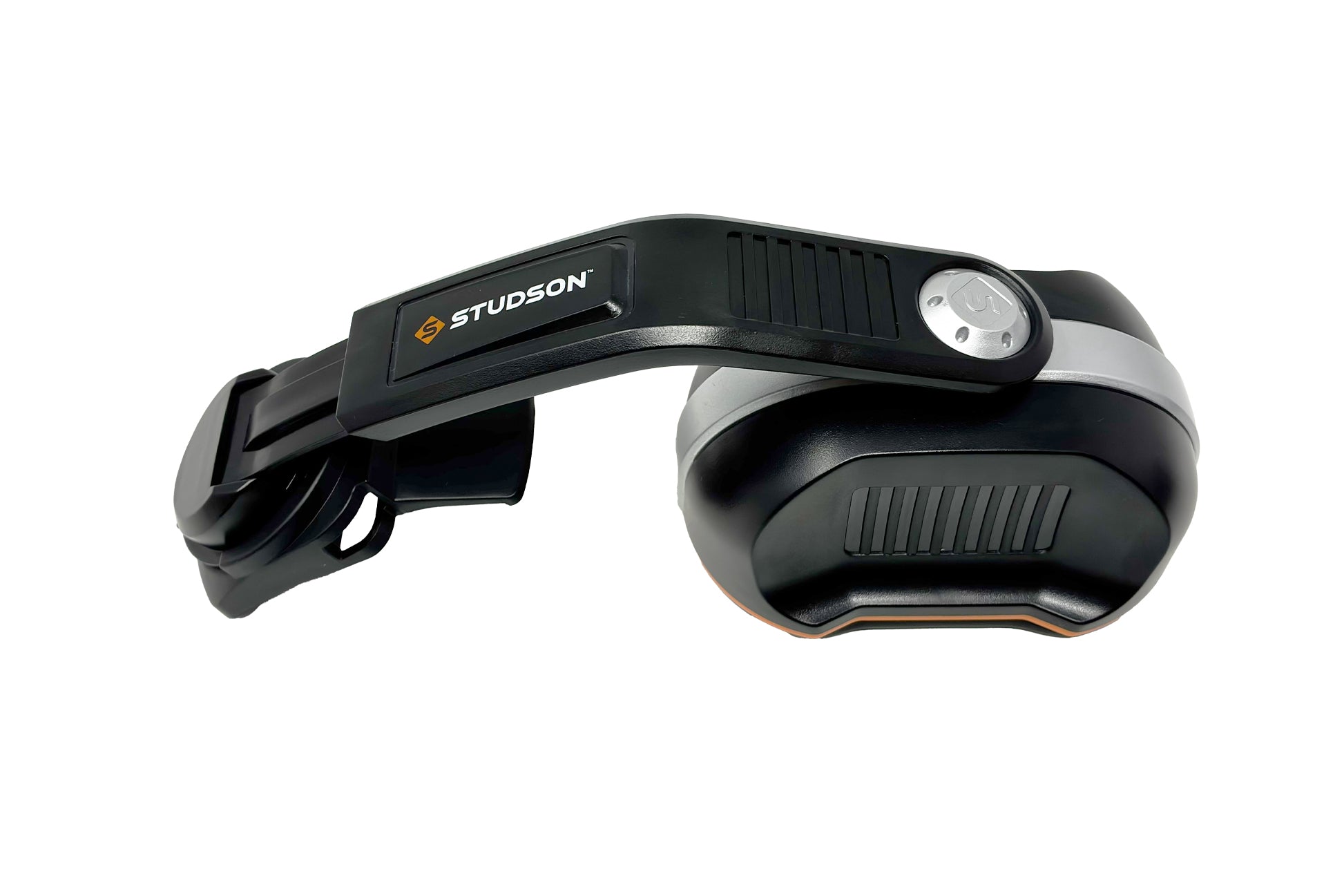 STUDSON ED-3B helmet-mounted ear defender showing side profile with 30mm blade mount arm and orange accent stripe