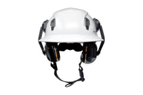 STUDSON SHK-1 full brim safety helmet with ED-3B ear defenders mounted in working position front view showing dual ear cup deployment