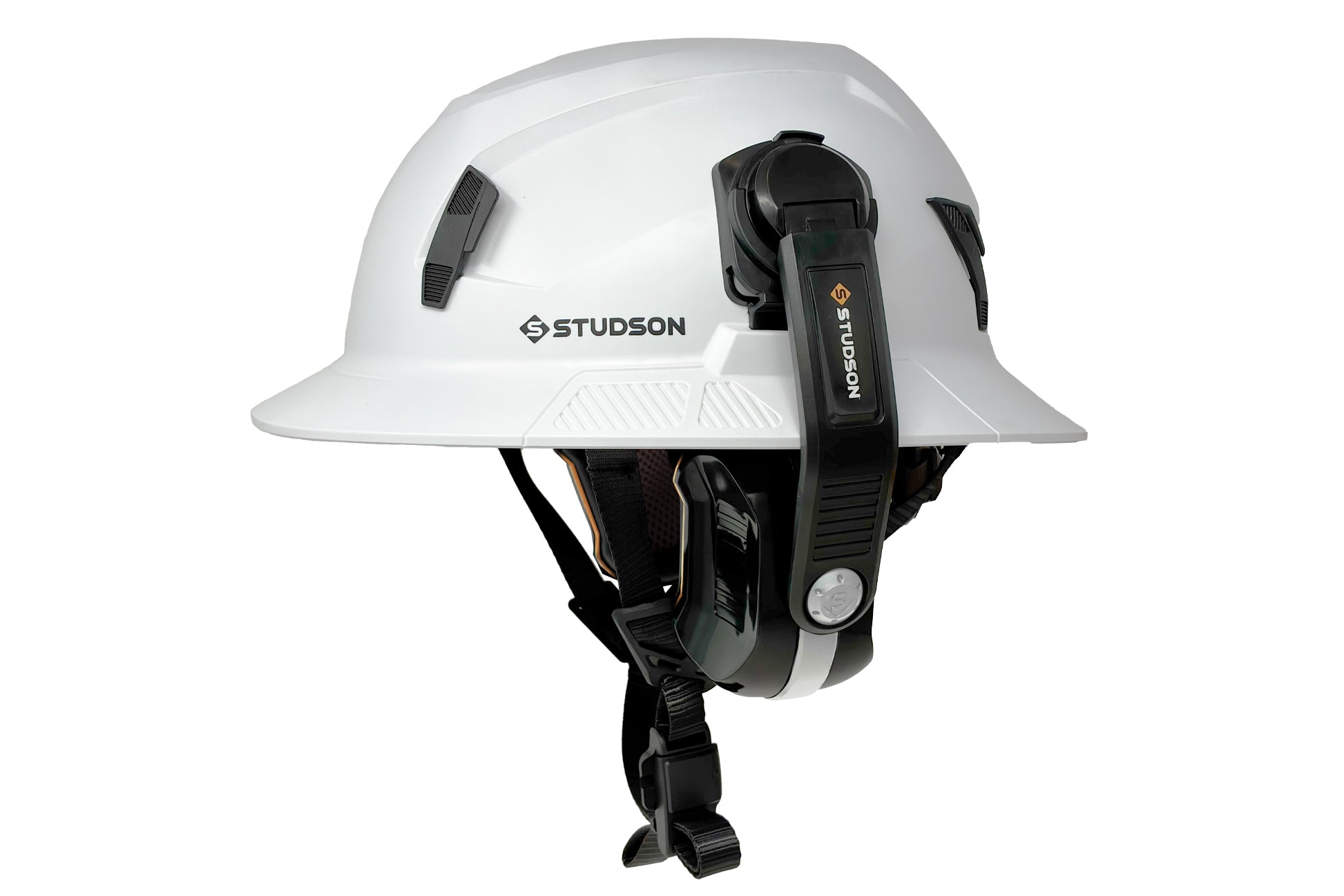 STUDSON SHK-1 full brim safety helmet with ED-3B ear defender mounted in working position right side profile view