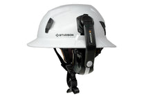 STUDSON SHK-1 full brim safety helmet with ED-3B ear defender mounted in working position right side profile view