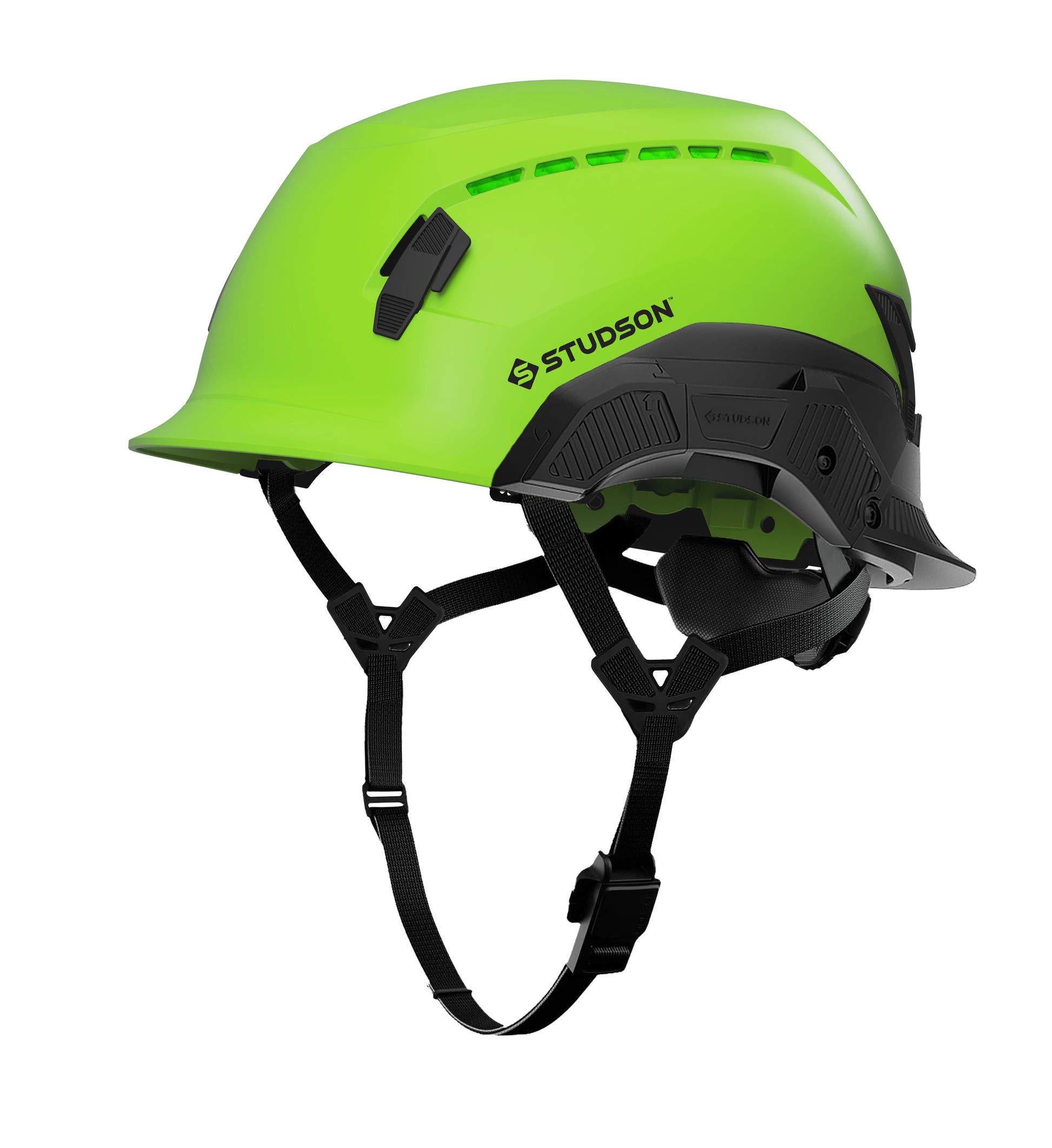 Green SHK-1 Standard Brim Vented Safety Helmet showing front quarter view, detail 2