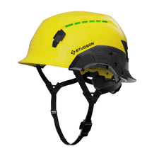 Yellow SHK-1 Standard Brim Vented Safety Helmet showing front quarter view, detail 3