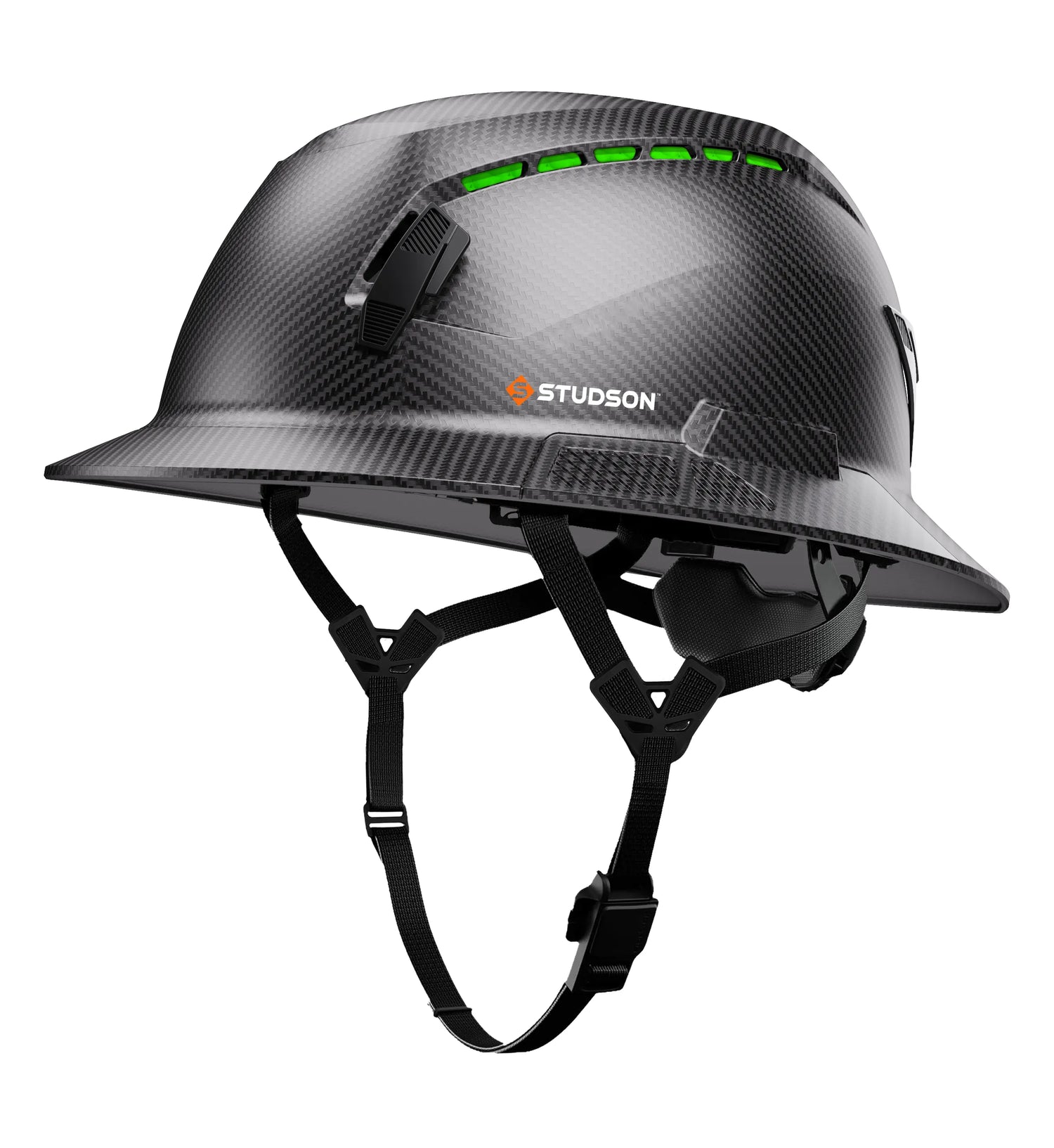 SHK-1 Full Brim Vented safety helmet in carbon — front quarter view