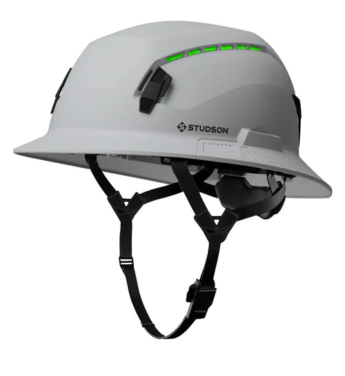 Gray safety helmet with black straps on a white background, featuring the Studson brand.