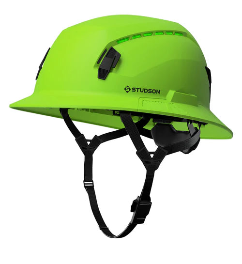 Green helmet with black straps on a white background