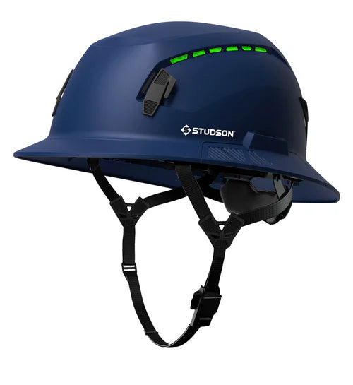 Blue safety helmet with green lights on a white background