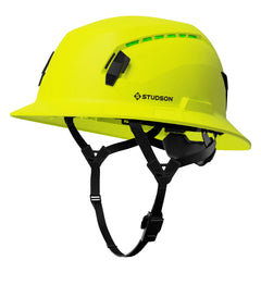 SHK-1 Full Brim Vented safety helmet in hi-vis yellow — front quarter view