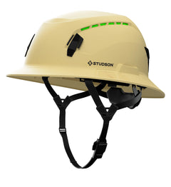 SHK-1 Full Brim Vented safety helmet in khaki — front quarter view