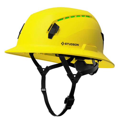 Yellow helmet with black straps on a white background, featuring the Studson brand.