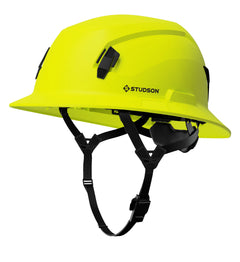 SHK-1 Full Brim Non-Vented safety helmet in hi-vis yellow — front quarter view