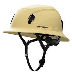 SHK-1 Full Brim Non-Vented safety helmet in khaki — front quarter view