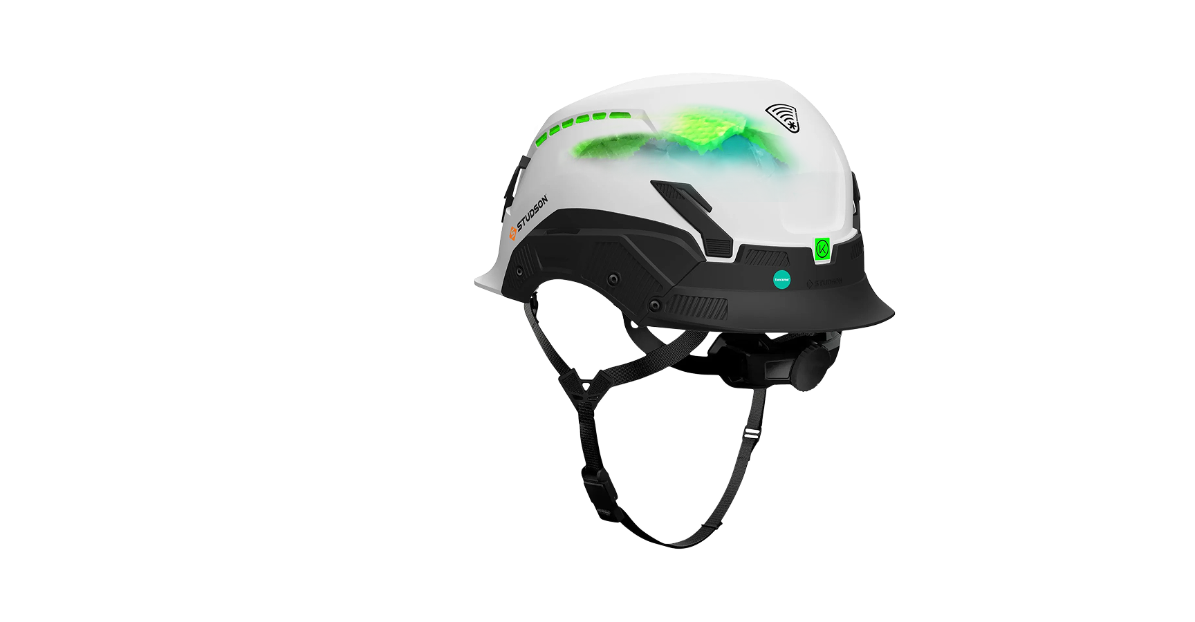 White helmet with green accents on a white background