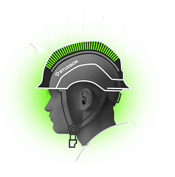 Helmet with a glowing green light on a white background