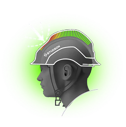 Helmet with a visor and 'Stradivarius' branding on a white background