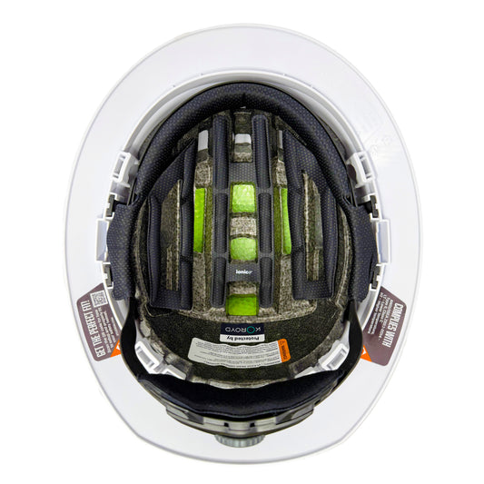 SHK-1 Full Brim Non-Vented safety helmet interior showing ANSI certification label and Ionic+ pad system