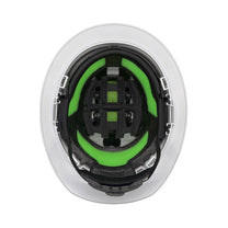 Interior of white STUDSON SHK-1 Full Brim safety helmet showing Ionic+ replacement pads installed — Koroyd impact liner visible